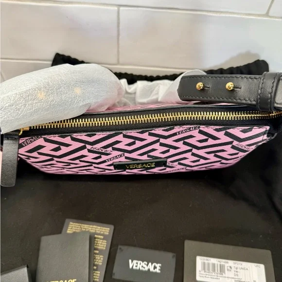 Versace La Greca Signature Shoulder Bag Pink Black Canvas Gold Metal Authentic - Picture 6 of 11